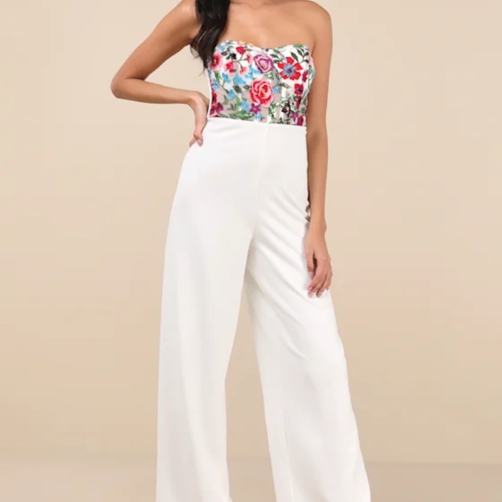 Lulu's Strapless Floral Jumpsuit in White Embroidered